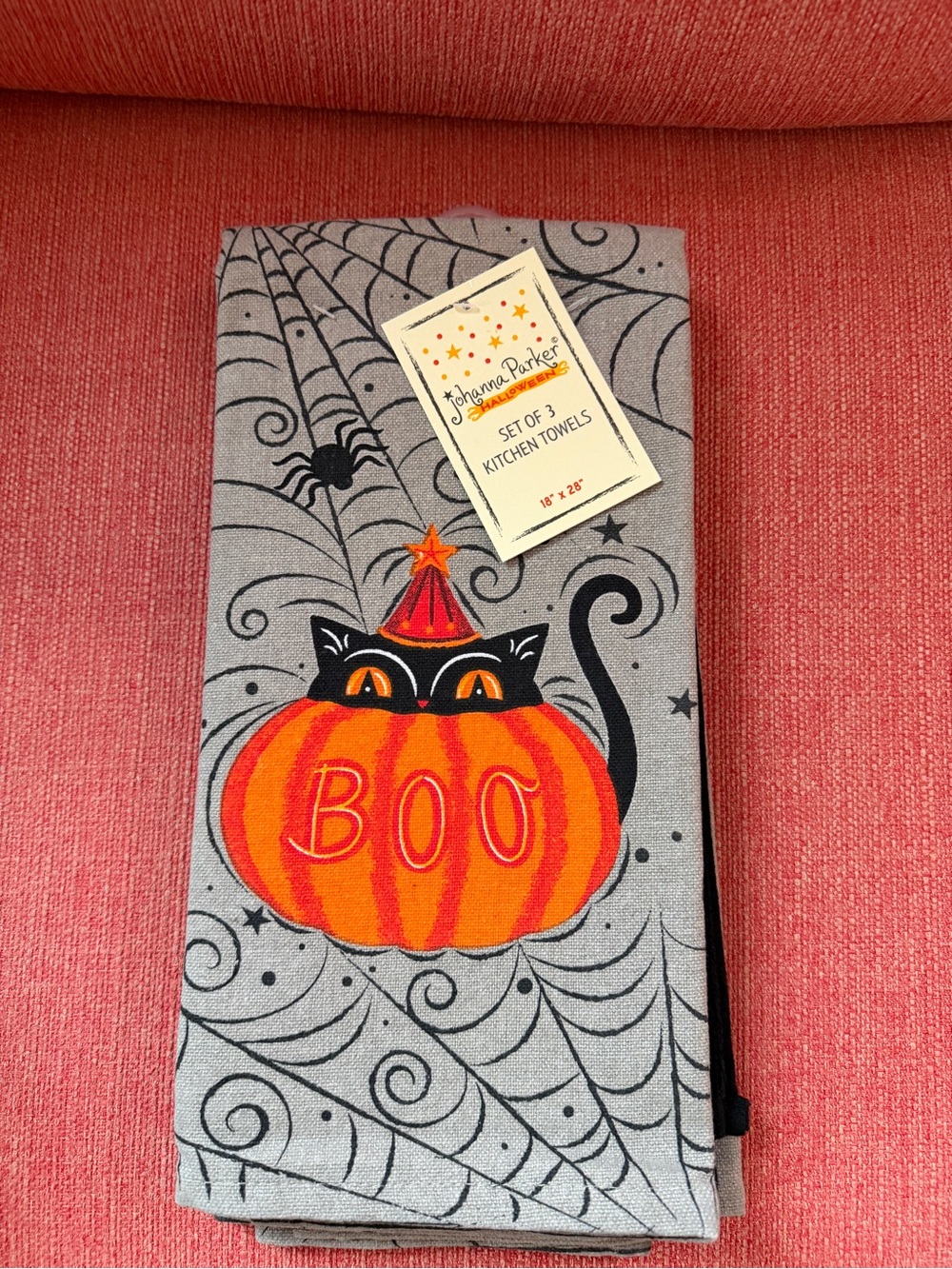 Johanna Parker Halloween Set 3 Kitchen Bath Towels Black Cat Pumpkin Boo Grey